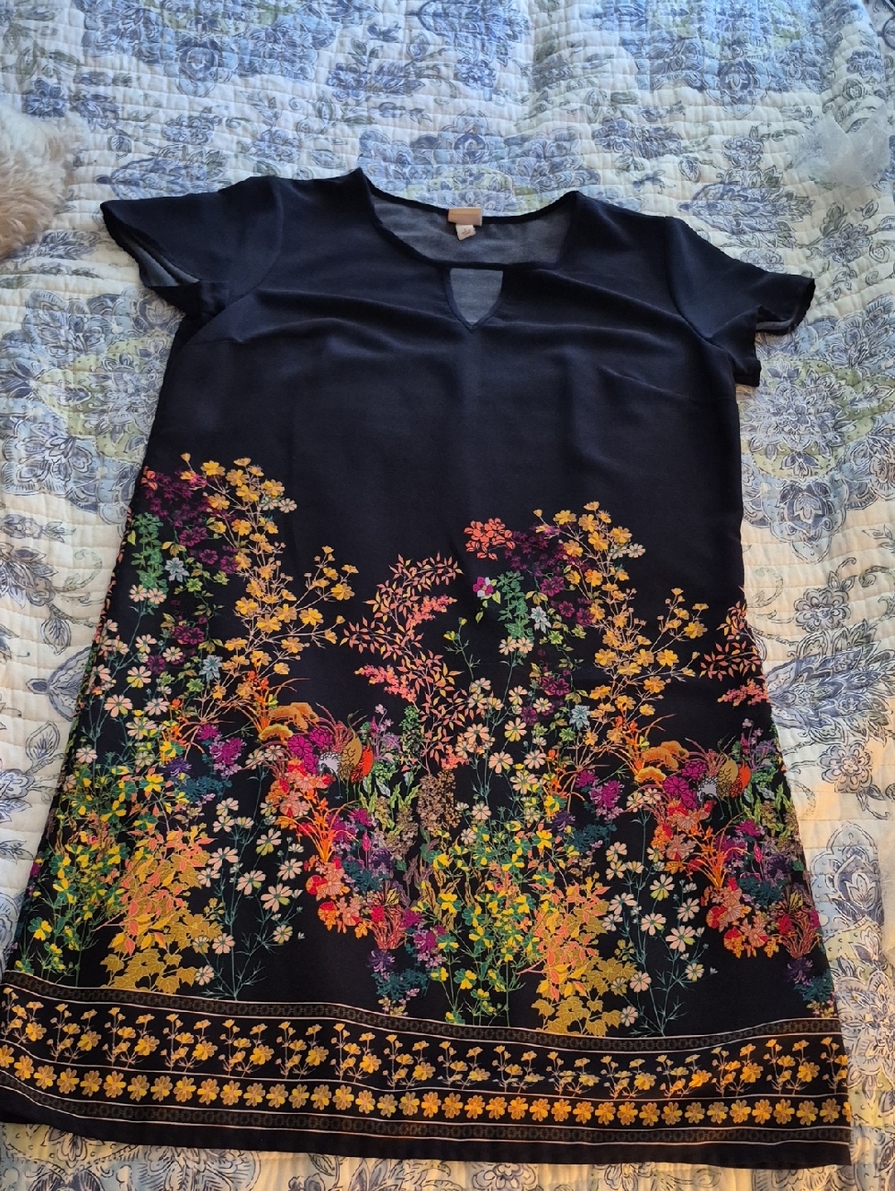 Merona Black Tunic with Multicolor Floral Border